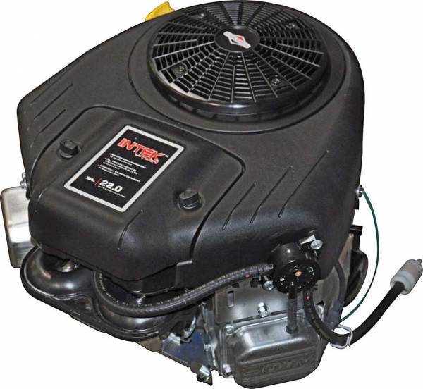 Briggs & Stratton Intek Motor mit 22 PS für Aufsitzmäher Leistungsstarker Intek 22.0 PS Motor von Briggs & Stratton mit schwarzem Lüftergehäuse und Elektroanschluss