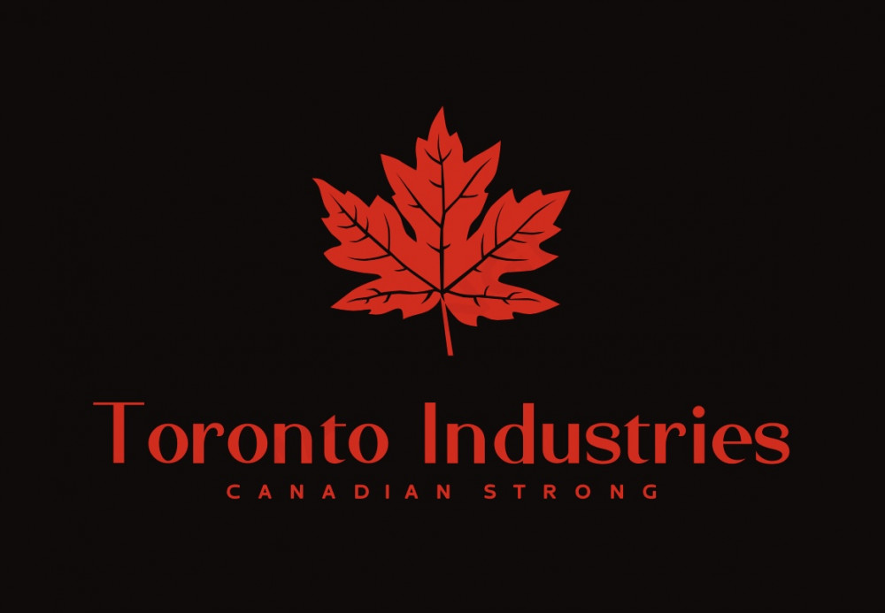 Toronto Industries Logo mit rotem Ahornblatt auf schwarzem Hintergrund Schwarzes Toronto Industries Logo mit rotem Schriftzug und Ahornblatt, Slogan Canadian Strong