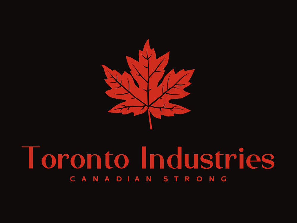 Toronto Industries Markenlogo mit rotem Blatt und dem Slogan Canadian Strong auf schwarzem Hintergrund